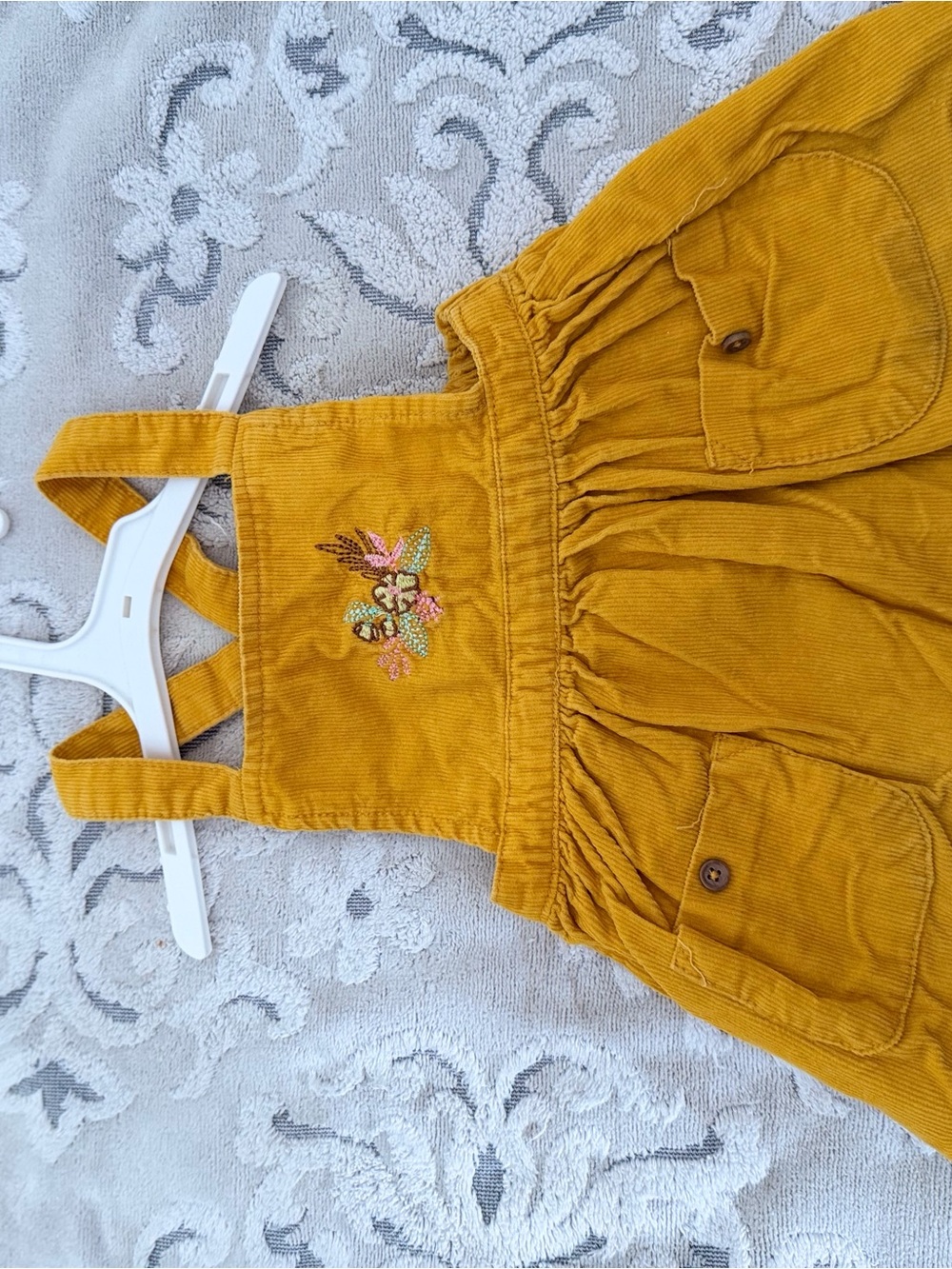 Mustard Corduroy Pinafore Dress for Kids - Embroidered Floral